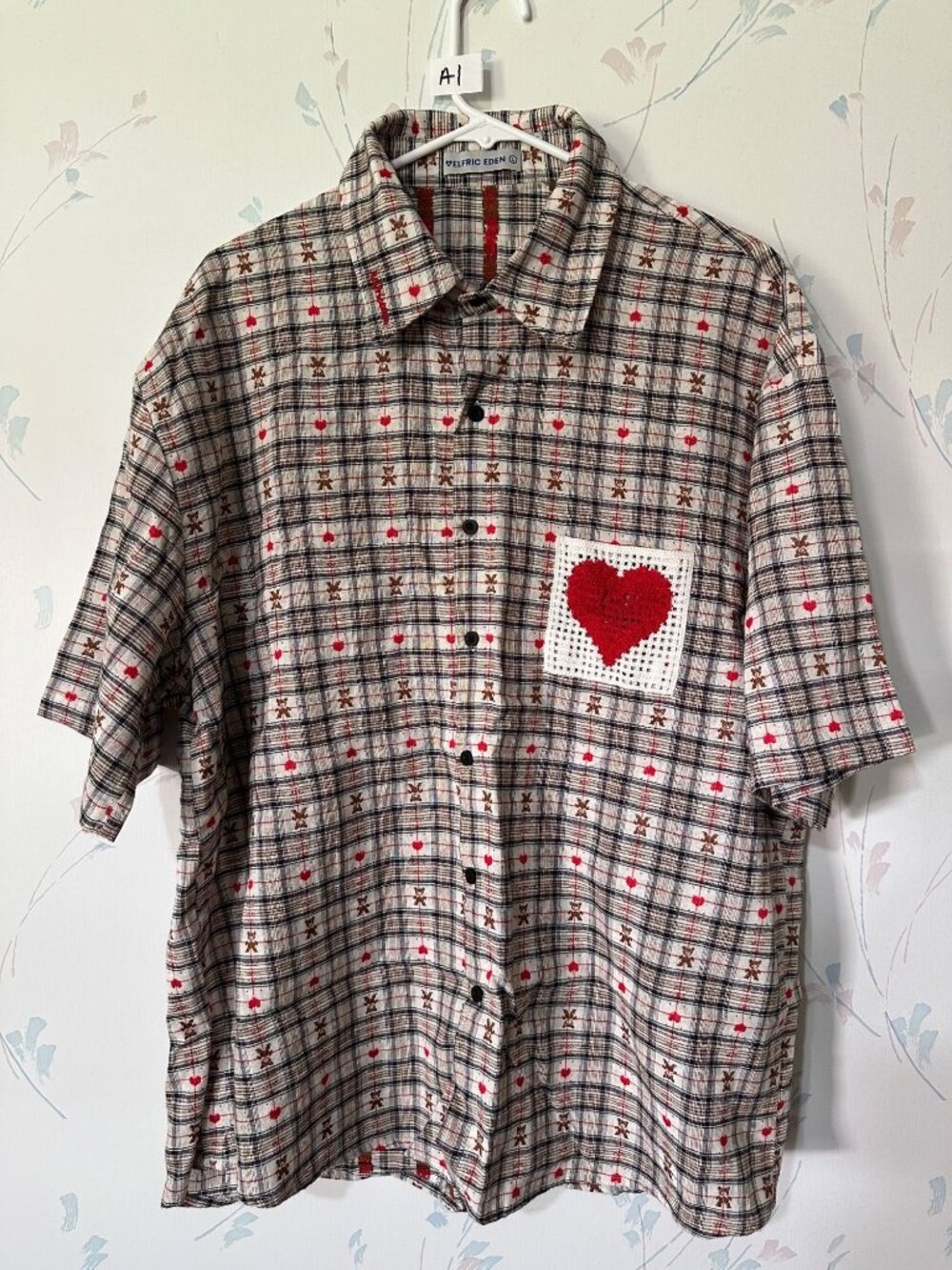 Aelfric Eden Plaid Button-Up Shirt With Crochet Heart & Teddy Bear Pattern